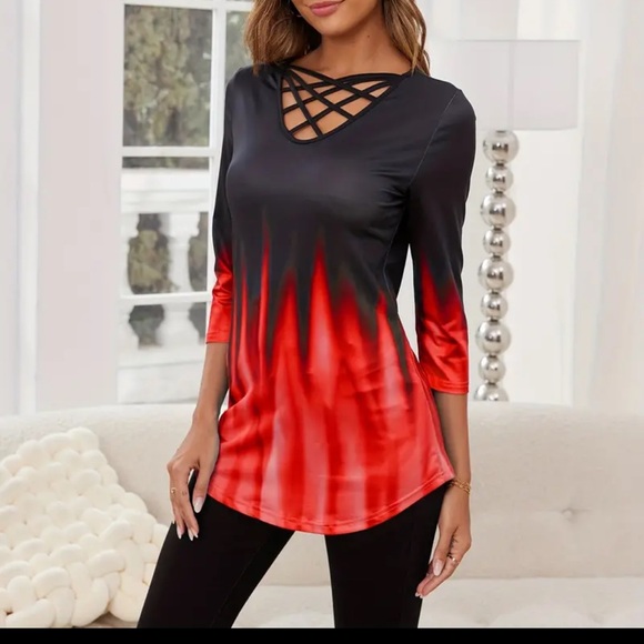 NWOT XXL Stylish Women's Criss Cross Neck Gradient Red Black 3/4 Slv Casual Top - Picture 3 of 9